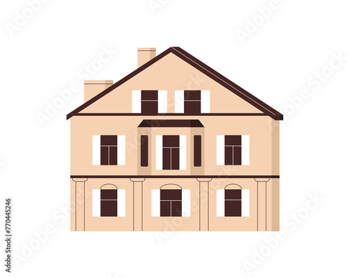 House exterior. Mansion building with windows. Residential construction facade, front view. Home architecture, real estate with gable roof. Flat vector illustration isolated on white background