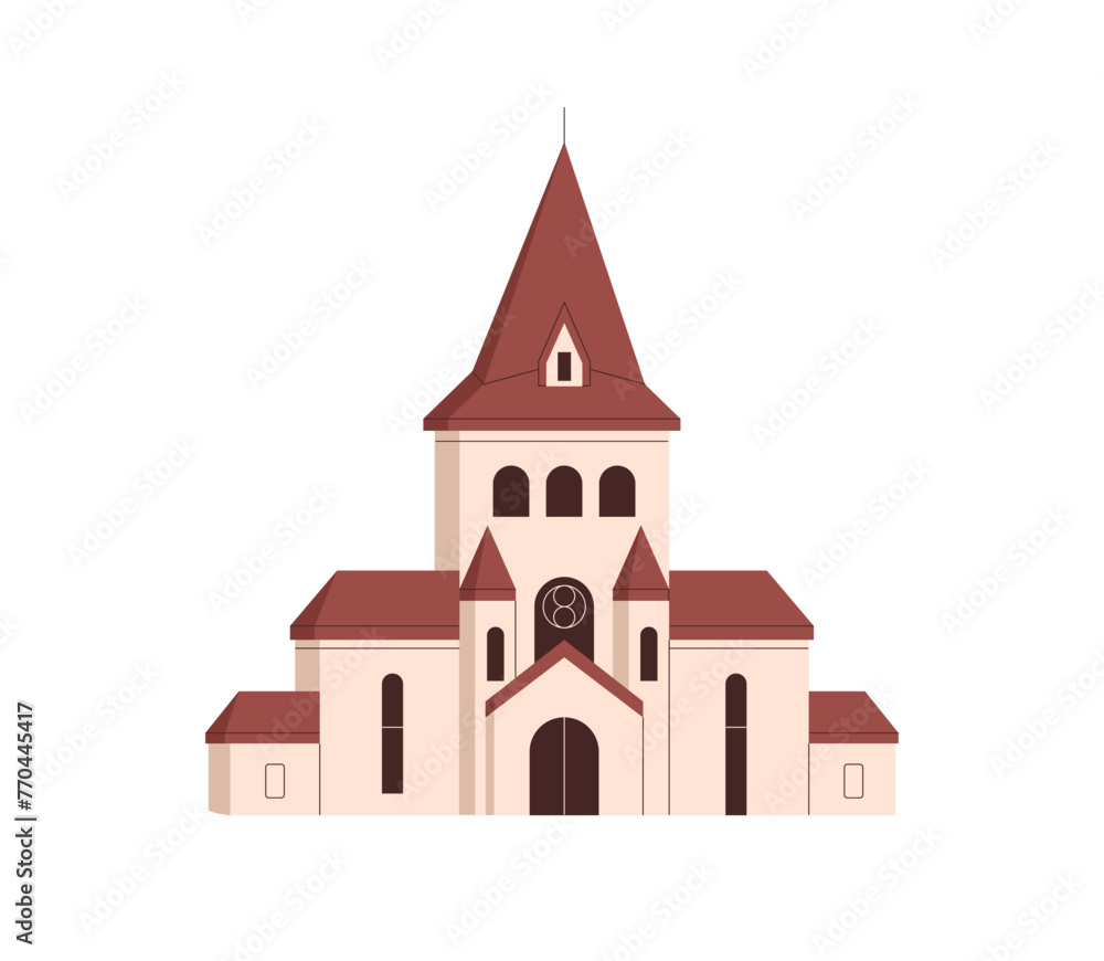 Old church building exterior. Medieval christian religious architecture facade, front view. Abstract historical small temple, European cathedral. Flat vector illustration isolated on white background Old church building exterior. Medieval christian religious architecture facade, front view. Abstract historical small temple, European cathedral. Flat vector illustration isolated on white background