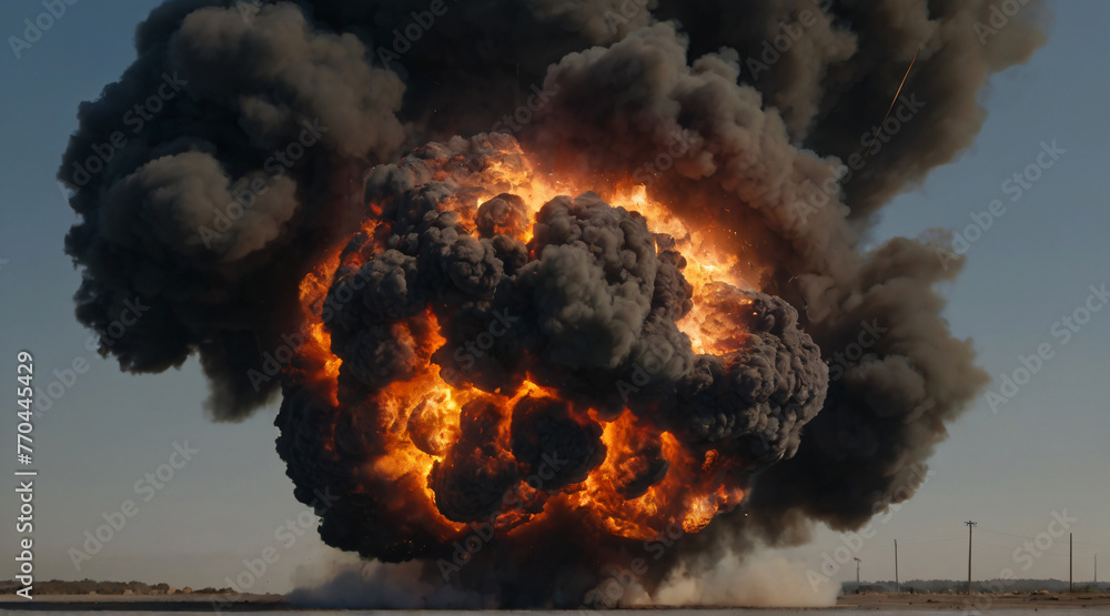Huge explosion with black cloud, weapon of mass destruction - obrazy, fototapety, plakaty 
