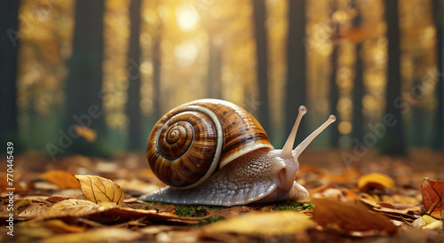 Cartoon snail in the autumn forest. Slow animal. Sun rays.