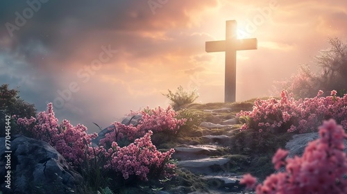an easter religious digital backdrop, with cross and spring flowers #770445442