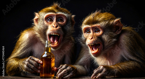 Monkeys in a bar, drinking beer, on a dark background. Drunken monkeys photo