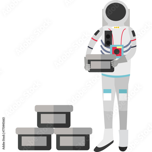 Cosmonaut in spacesuit and helmet stacking pack with cosmic fossils vector icon isolated on white
