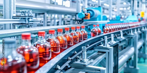 A line of bottles with red liquid inside of them