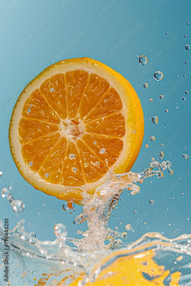 Vibrant Orange Fruit Slice with Refreshing Juice Splash on Light Blue Background Vibrant Orange Fruit Slice with Refreshing Juice Splash on Light Blue Background