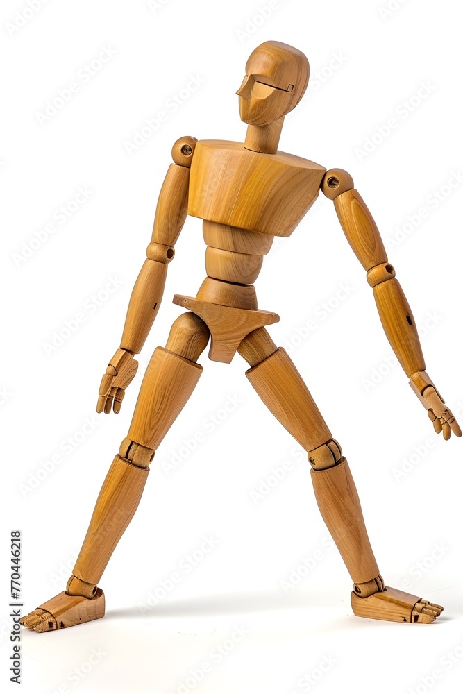 Wooden Articulated Mannequin Model Posing in Minimalist Studio Photography on Clean White Background with Dramatic Lighting Wooden Articulated Mannequin Model Posing in Minimalist Studio Photography on Clean White Background with Dramatic Lighting