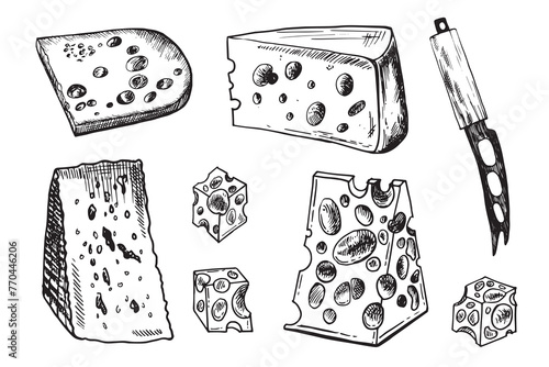 Vector hand drawn illustration with cheese pieces . Hand drawn Sketch. Engraving style image. Cheese knife special