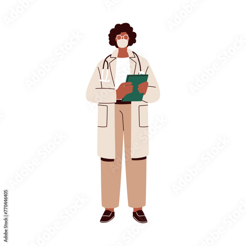 Doctor, physician in hospital uniform. Medic, general practitioner standing, holding clipboard, documents in hand. Medical healthcare worker. Flat vector illustration isolated on white background