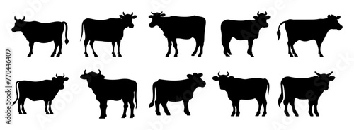 Cow bull farm animals silhouettes set, large pack of vector silhouette design, isolated white background