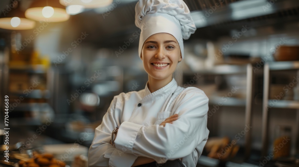 A happy smiling female chef in the background of the restaurant kitchen. Bakery, Pastry shop, cafe, food concepts. A happy smiling female chef in the background of the restaurant kitchen. Bakery, Pastry shop, cafe, food concepts.