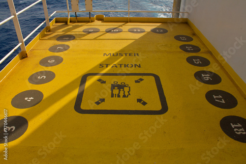 Muster station onboard a merchant ship at sea