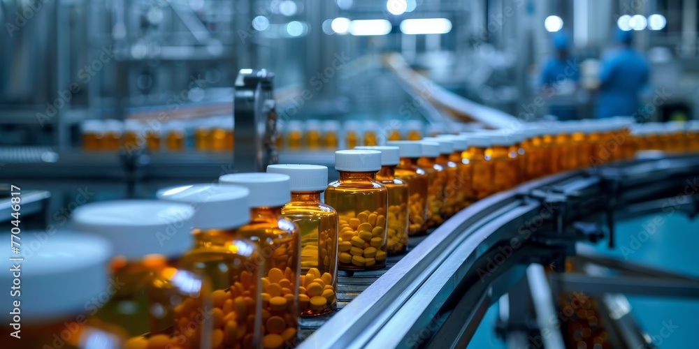 A conveyor belt is filled with bottles of medicine A conveyor belt is filled with bottles of medicine