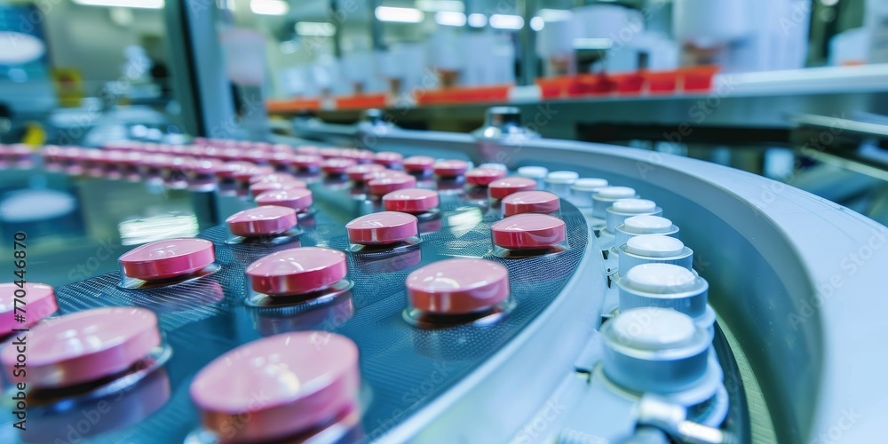 Fototapeta premium A conveyor belt is filled with red and white pills
