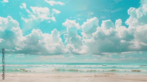 Beautiful tropical beach with blue sky and white clouds abstract texture background. Copy space of summer vacation and holiday business travel concept. Vintage tone filter effect color style
