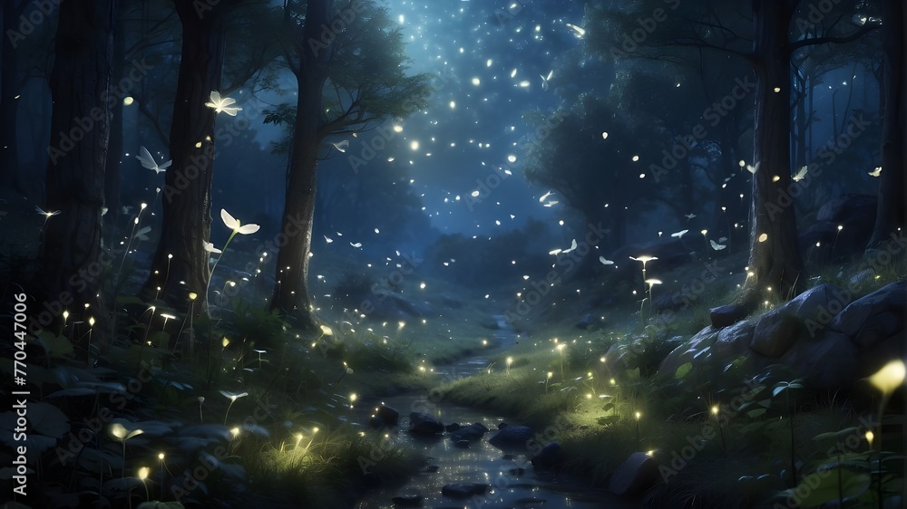 Fireflies flitting across the nighttime enchanted woodland of fantasy. Idea of a fairy tale.