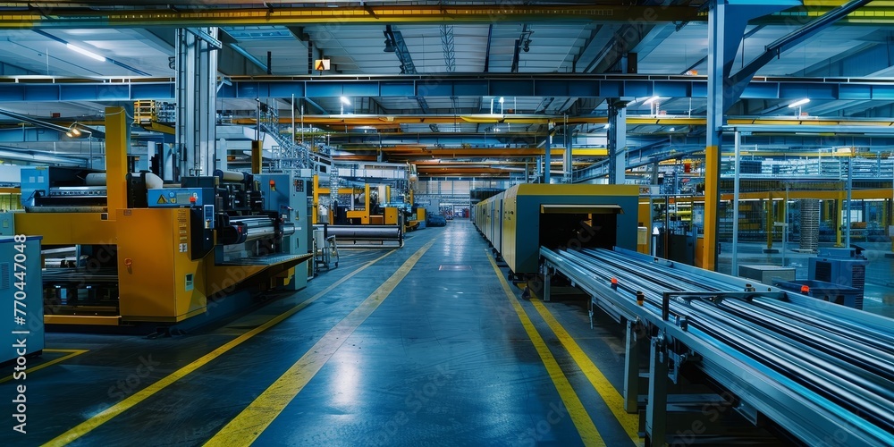 A large industrial building with a lot of machinery and conveyor belts A large industrial building with a lot of machinery and conveyor belts
