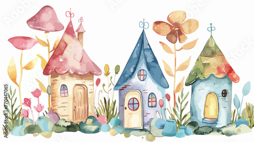 Watercolor fairy houses clip art Flat vector isolated © RedFish