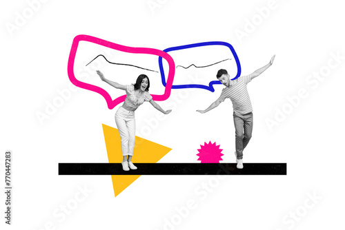 Composite photo collage of happy astonished guy girl dialogue bubble speak talk communication plane hands isolated on painted background