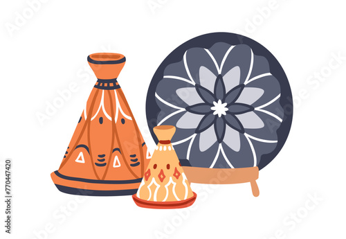 Moroccan dish, conical tagine pot, plate. Morocco kitchen crockery, dishware....