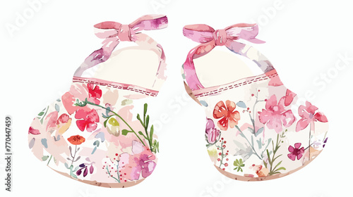 Watercolor Floral Baby Girl Shoe Flat vector isolated