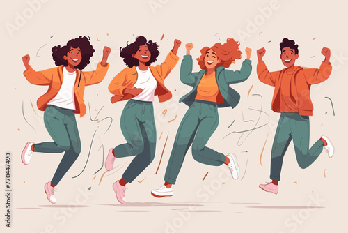 a group of young men jumped and had fun. Vector flat illustration
