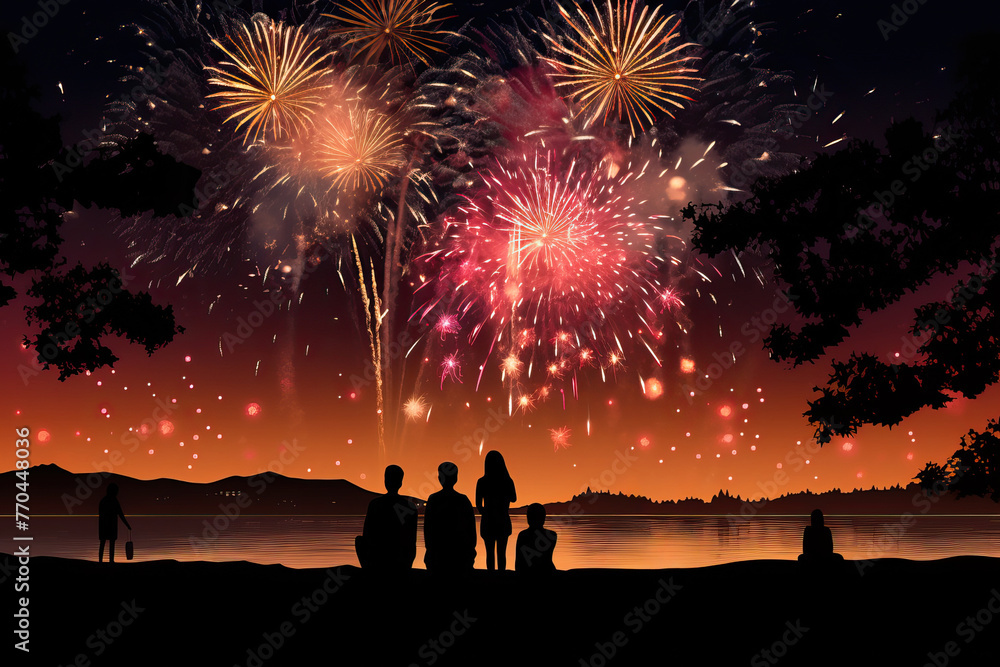 Silhouettes of people watching fireworks at night. Silhouettes of people watching fireworks at night.