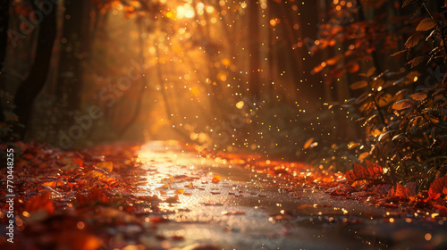 Misty Road in Autumn with orange trees, sun rays