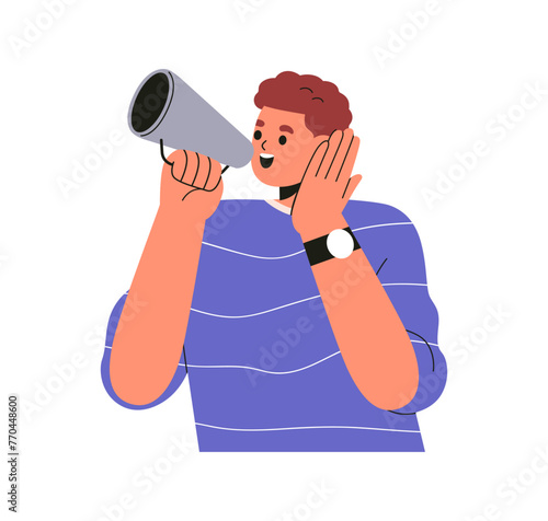 Happy speaker with megaphone, loudspeaker. Person with bullhorn, amplifier in hand, announcing, speaking, advertising, informing and promoting. Flat vector illustration isolated on white background