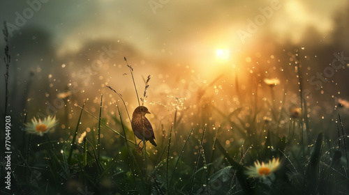 On the grassy field in the early morning, a little bird rests among the dewy grass. photo