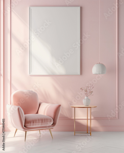 A large white blank poster frame is hanging on the wall of an empty room with light pink walls and white floor. 