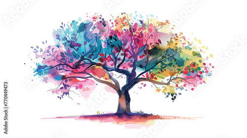 Watercolor Magical Tree Flat vector isolated on white