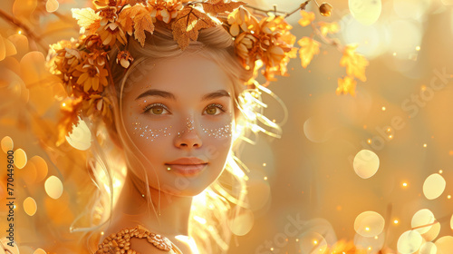 Obraz na płótnie Autumn Bloom - young Woman with floral crown in yellow color palette w salonie