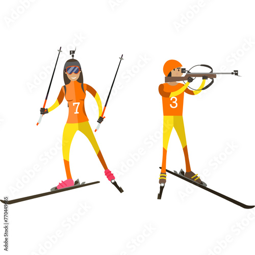 Sportive man and woman performing slalom vector icon isolated on white