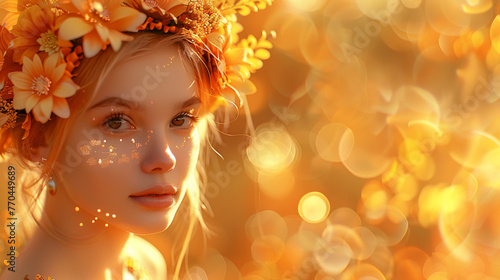 Autumn Bloom - young Woman with floral crown in yellow color palette