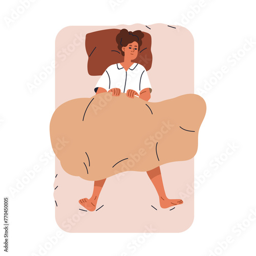 Woman sleeping, top view. Person asleep, lying in bed. Female character dreaming, slumbering on pillow, soft mattress under blanket. Flat graphic vector illustration isolated on white background © Good Studio