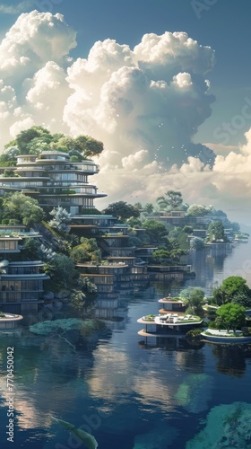 Floating cities adapting to climate change, sustainable living spaces