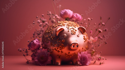 pink piggy bank isolated on pink background with flowers