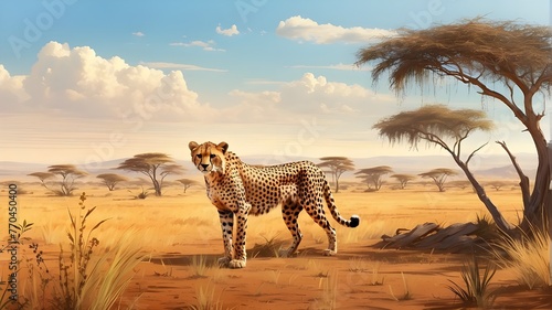 Cheetah hunting in a savanna, digital artwork
