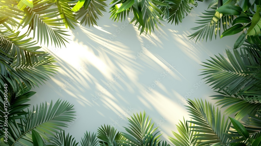 Obraz premium Tropical leaves border on a white background with copy space.