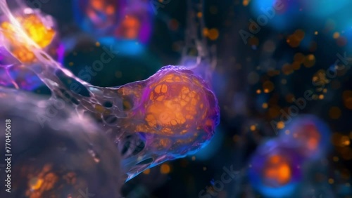 An immunofluorescence image showcasing the unique distribution of lysosomes within a cell with some ed near the cell membrane and . AI generation. photo