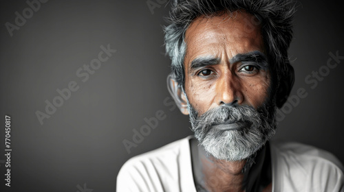 A Indian man with a beard and gray hair is standing in front of a wall. He has a serious expression on his face. An urban Indian male patient , middle aged, thin body, decent modern looking photo