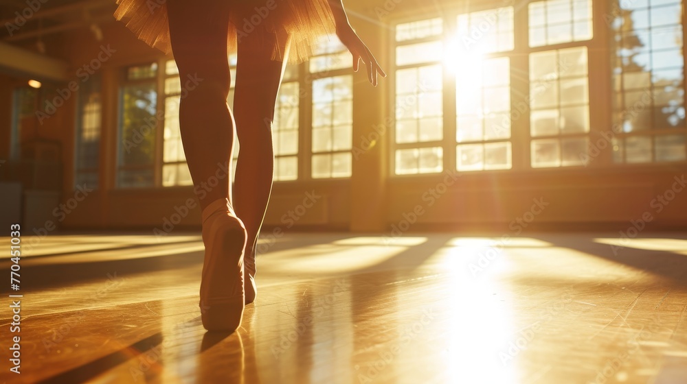 Graceful ballerina practicing dance moves in a sunlit dance studio. - obrazy, fototapety, plakaty 