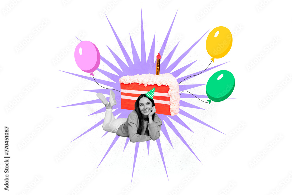 Composite collage picture of mini positive girl big birthday cake balloons isolated on creative background Composite collage picture of mini positive girl big birthday cake balloons isolated on creative background