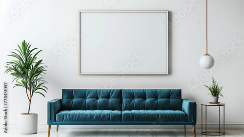Minimalist interior design of a modern living room with a blue sofa and empty frame on a white wall mockup photo