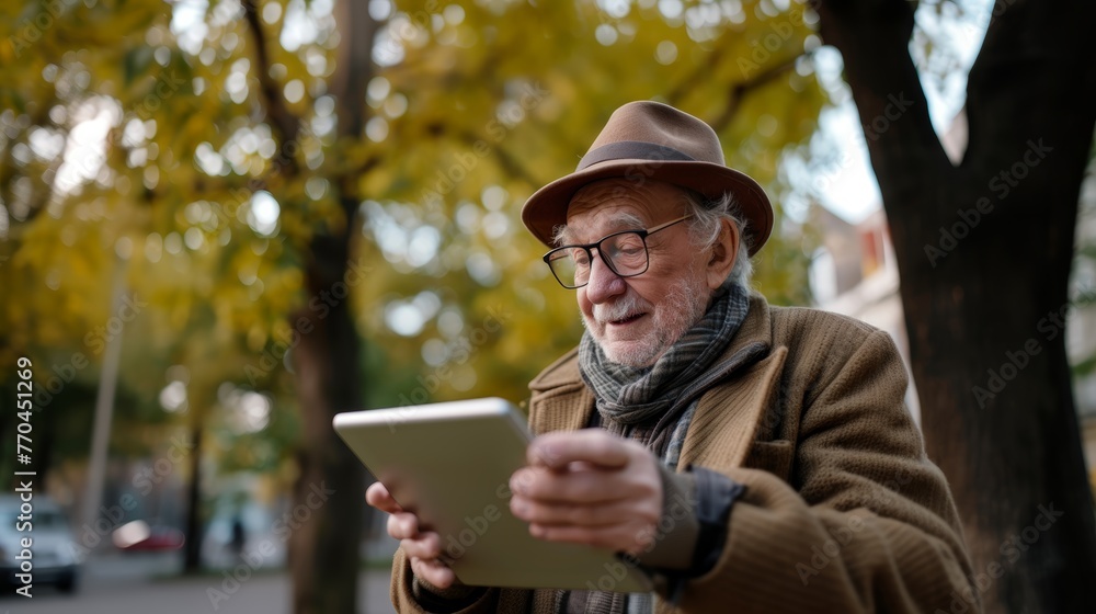 Senior man with glasses enjoying the autumn ambiance while using a digital tablet outdoors. Senior man with glasses enjoying the autumn ambiance while using a digital tablet outdoors.