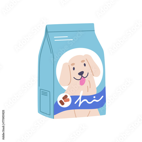 Dog food pack. Canine animal feed package. Pet product, veterinarian dry treat in bag, sack, packet. Puppy snack in sealed pouch. Flat graphic vector illustration isolated on white background
