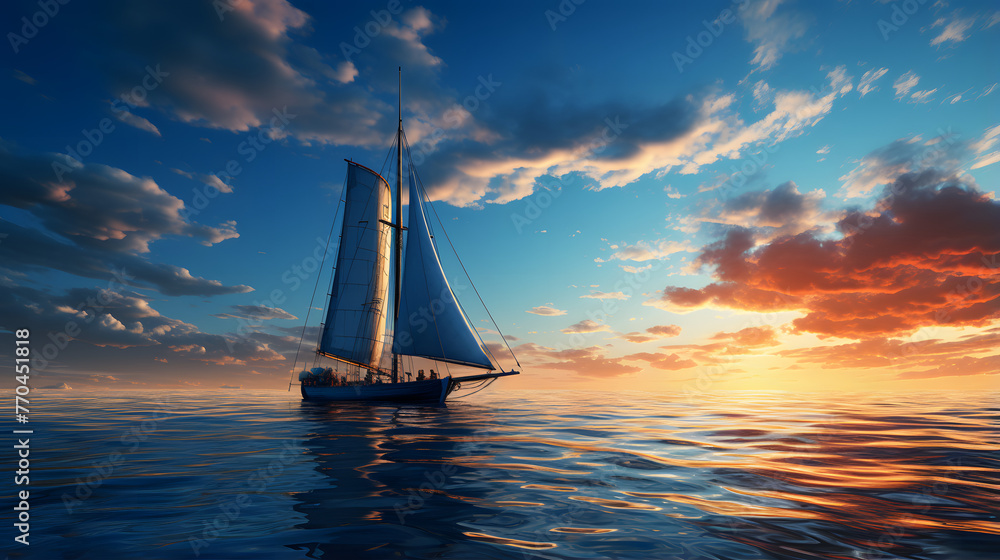 the image of a sail boat in the ocean with a sun