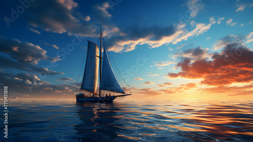 the image of a sail boat in the ocean with a sun