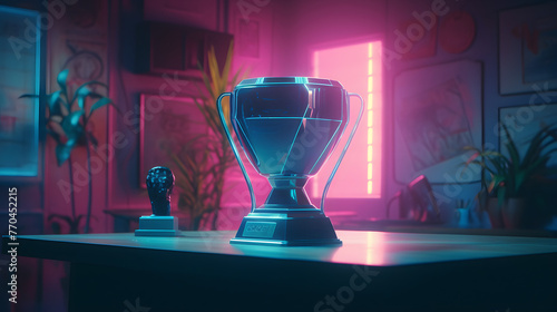 the trophy sits on a table in the middle of a room with neon lights