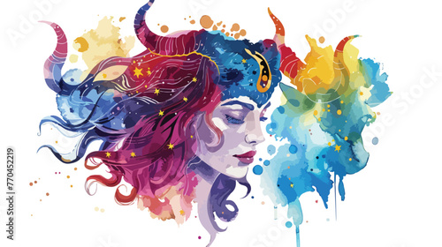 Watercolor Taurus Goddess Flat vector isolated on white